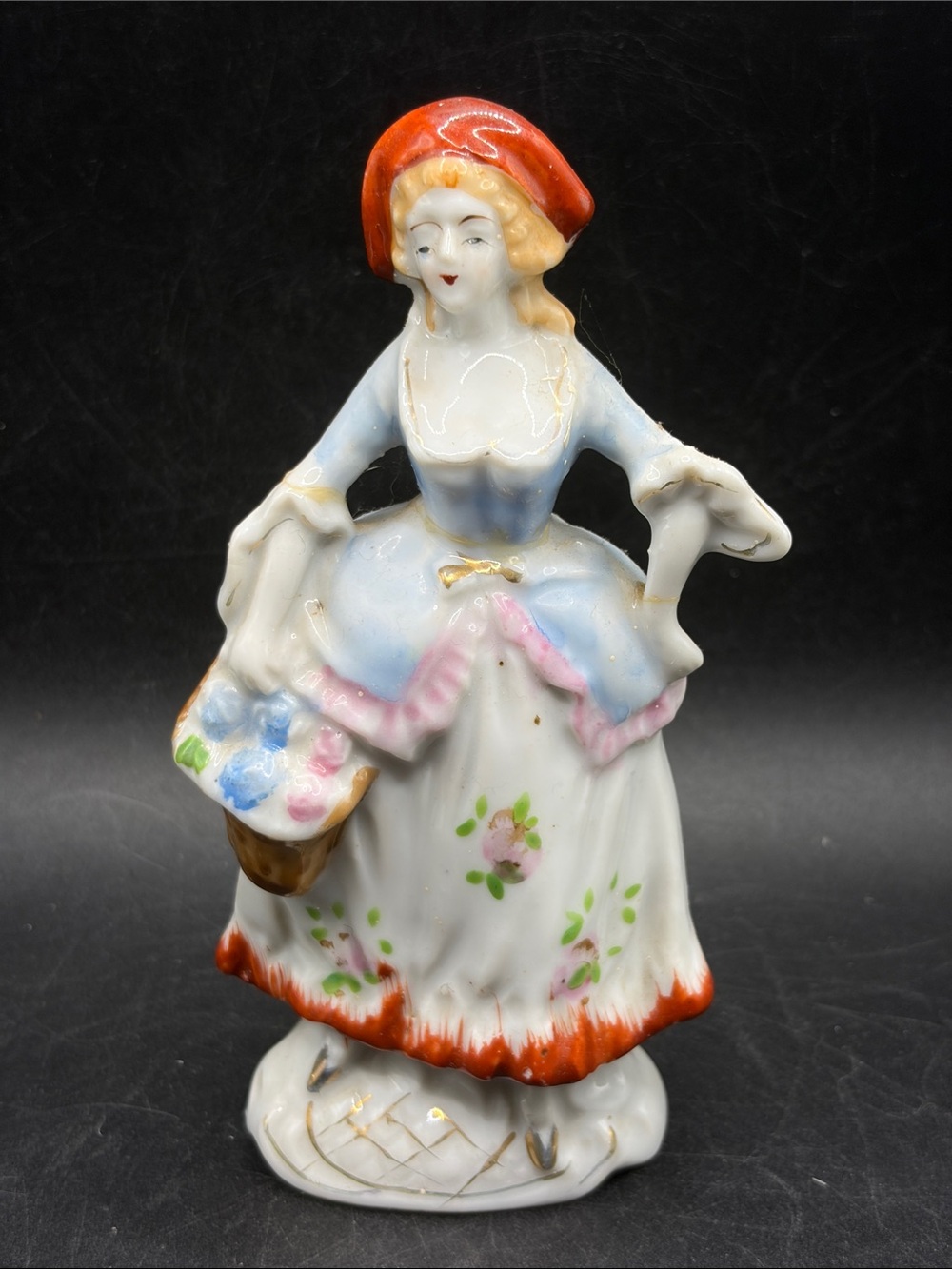 Vintage Hand Painted Pastoral Colonial Woman Ceramic Figure Figurine, Japan